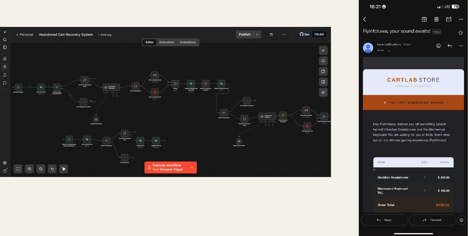 n8n abandoned cart workflow next to the email it sent
