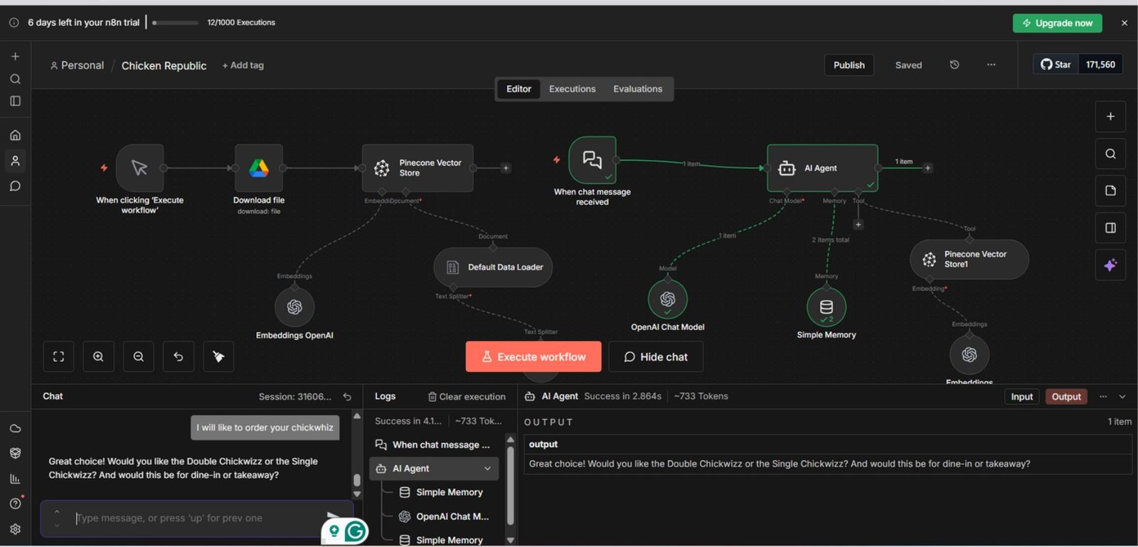 n8n AI agent with Pinecone vector store and chat output